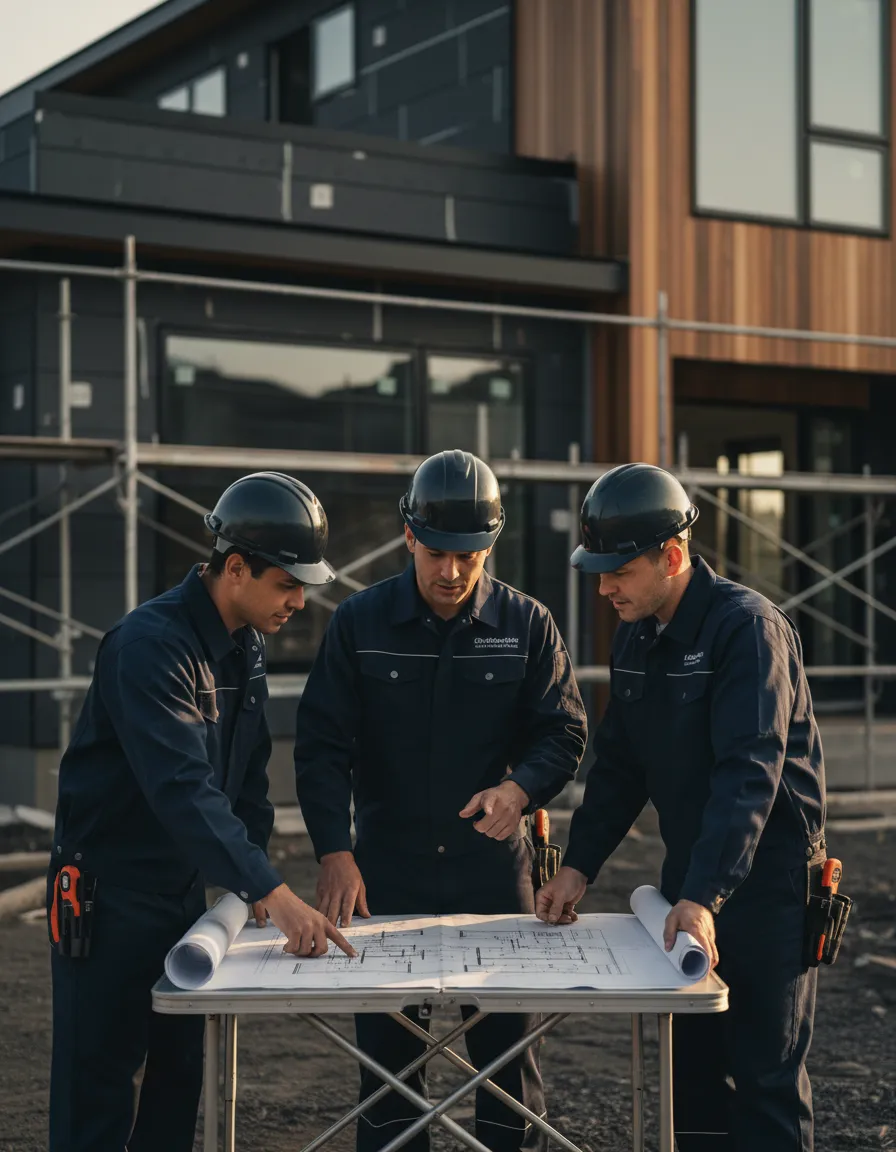 Construction crew reviewing blueprints