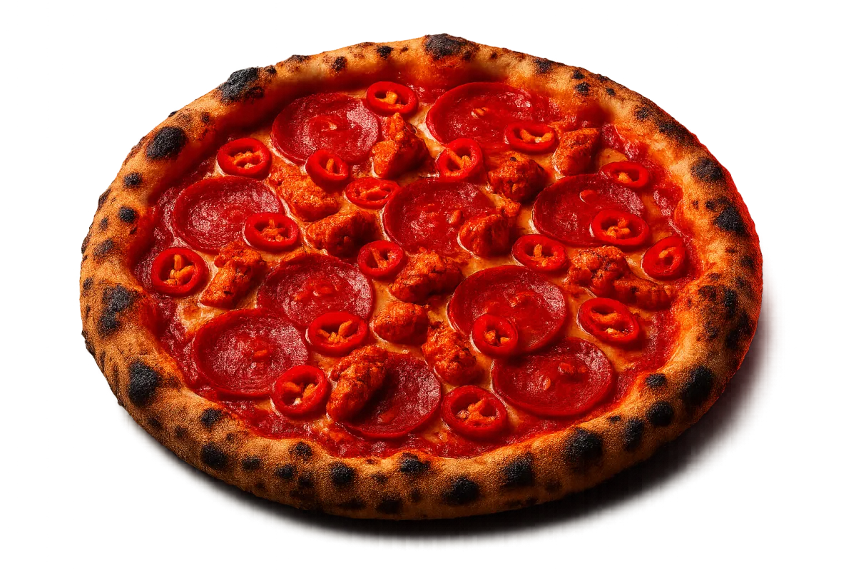 The Firebird Pizza with spicy chicken and BBQ sauce