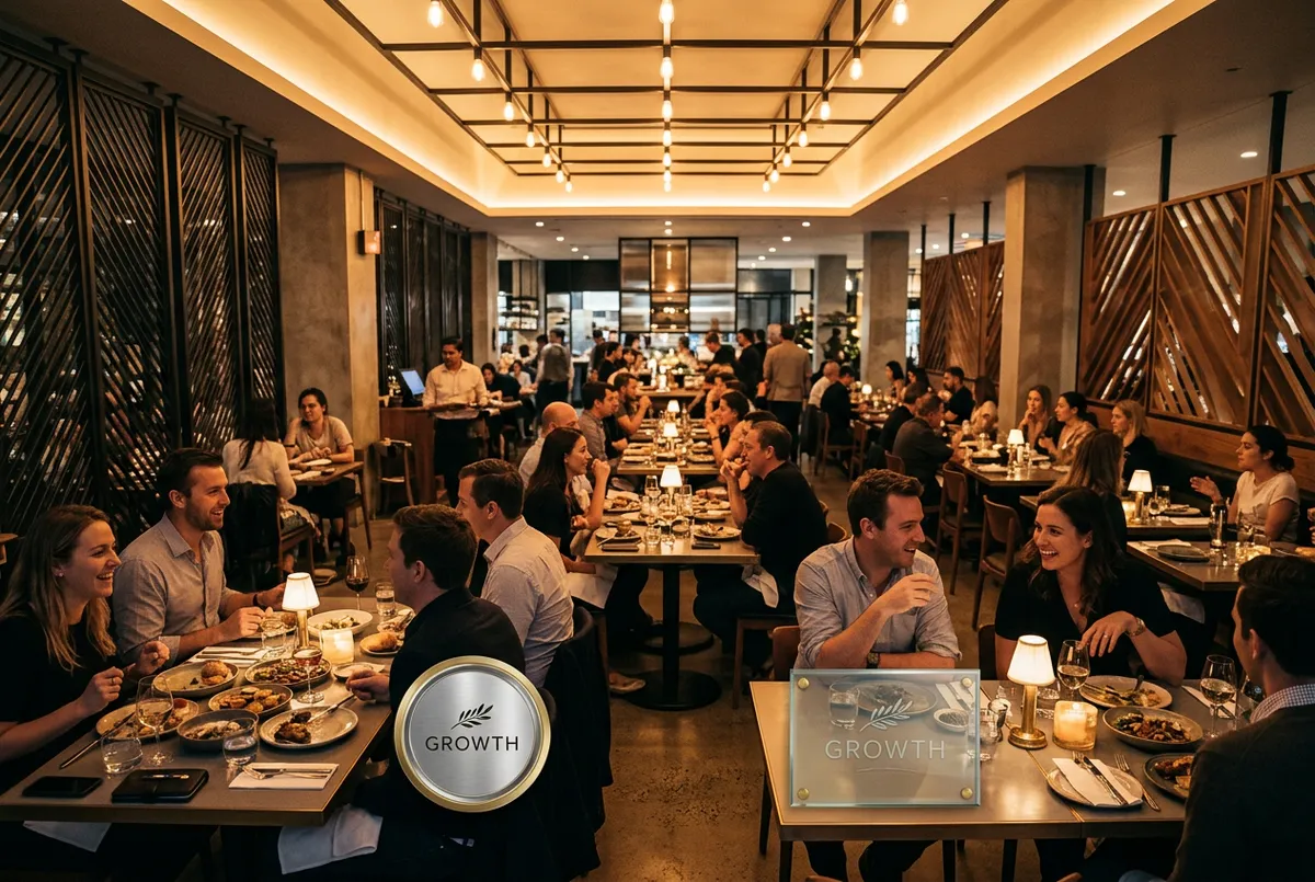 Vibrant, full restaurant with engaged diners interacting with Growth Plaques placed on every tabletop