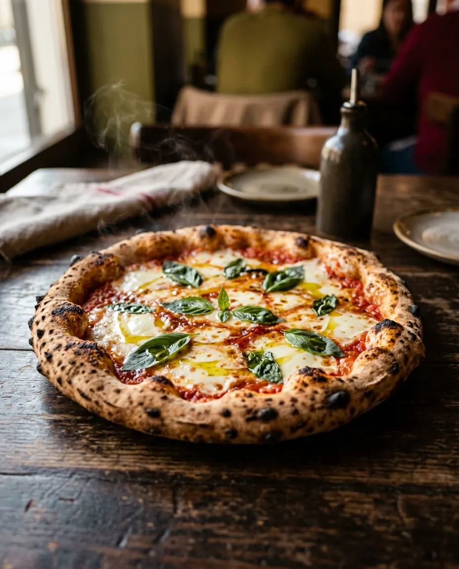 A freshly baked Neapolitan pizza on a rustic Italian wooden dining table with fresh basil, olive oil, and wood-fired blistered crust