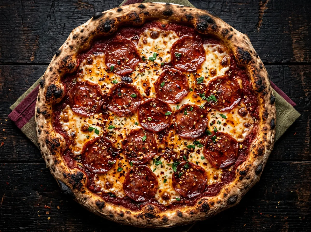 Close-up of Spicy Diavola pizza with crispy soppressata and chili flakes