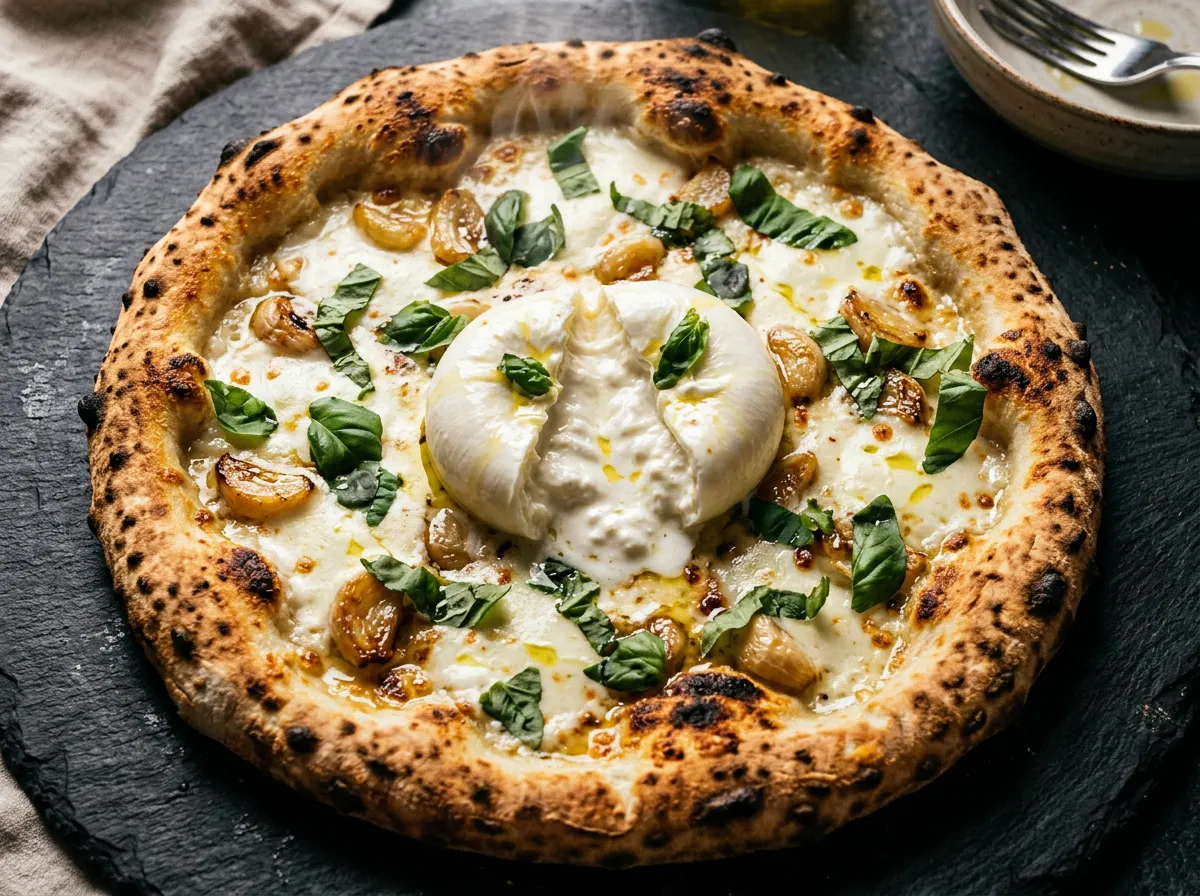 Close-up of Burrata Bianca pizza with creamy cheese, confit tomatoes and basil