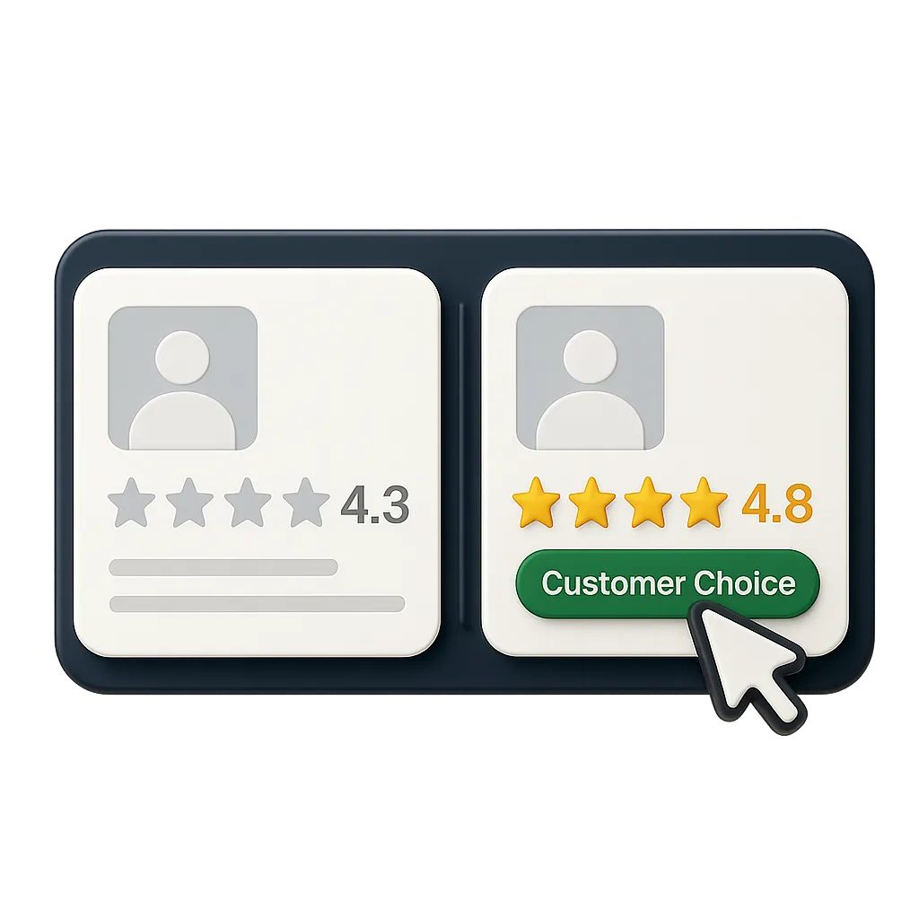 3D UI cutout showing a side-by-side comparison of local business profiles with 4.8 star customer choice badge