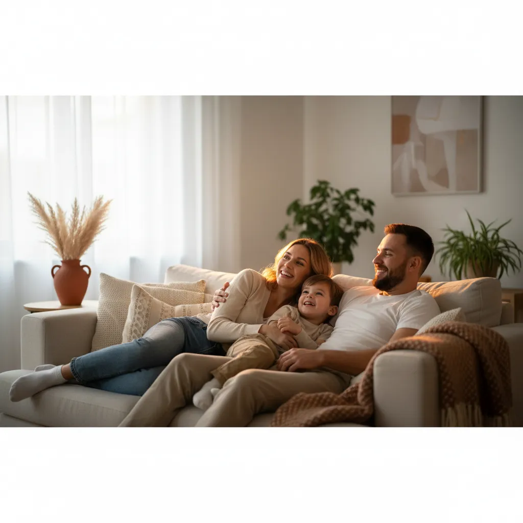 Family relaxing comfortably in their home living room
