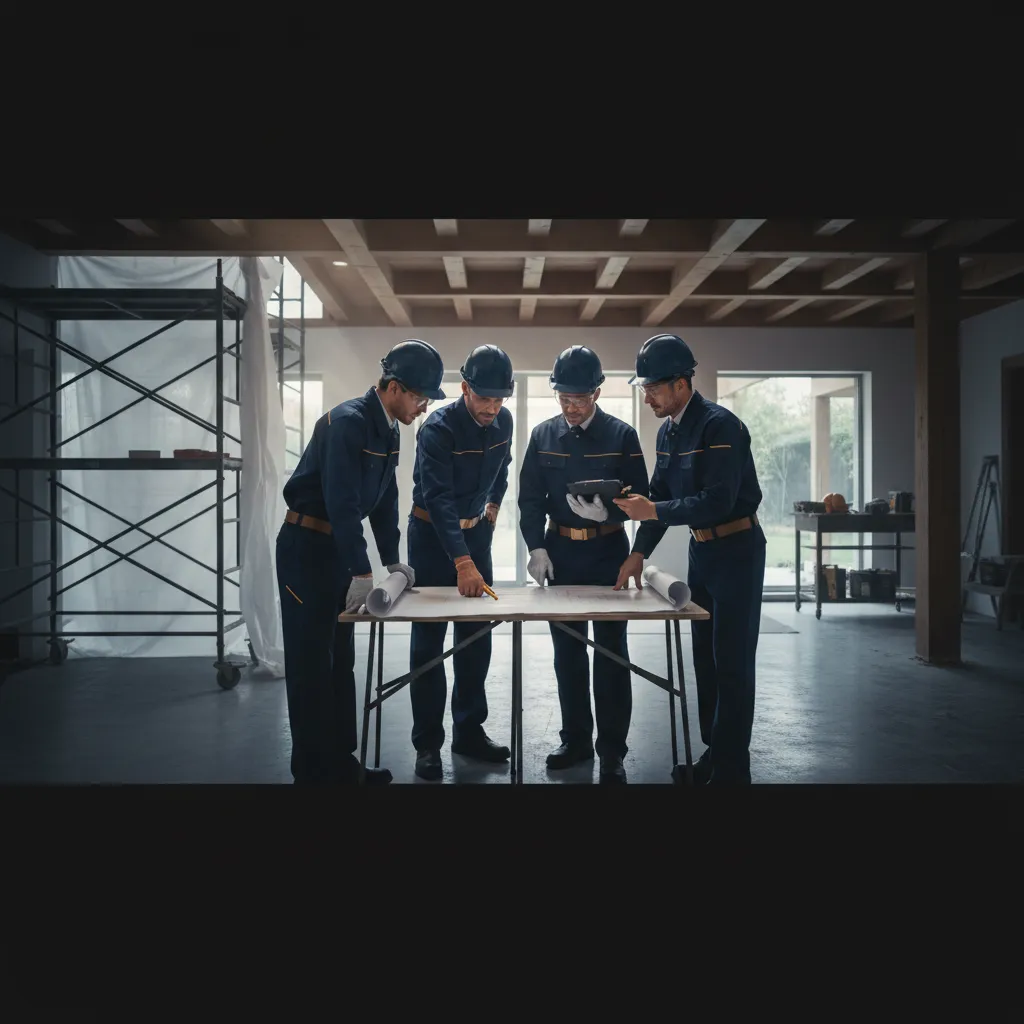 Licensed and insured construction professionals reviewing building plans on site