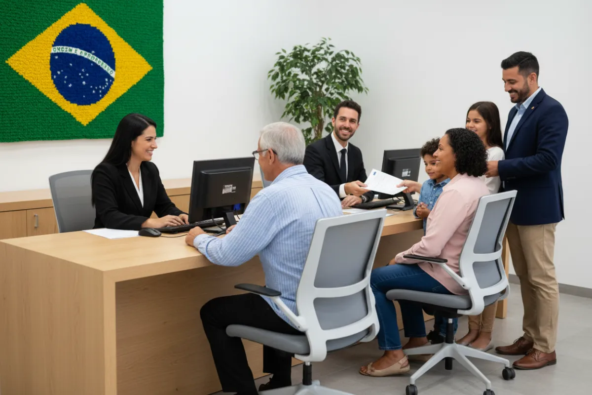 Consultor organizando documentos em um escritório claro e profissional