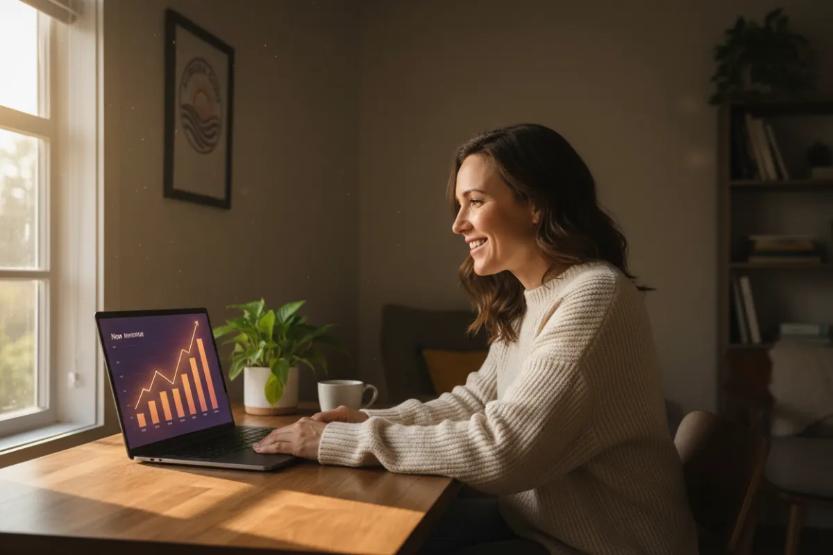 Freelancer reviewing new revenue numbers on a laptop