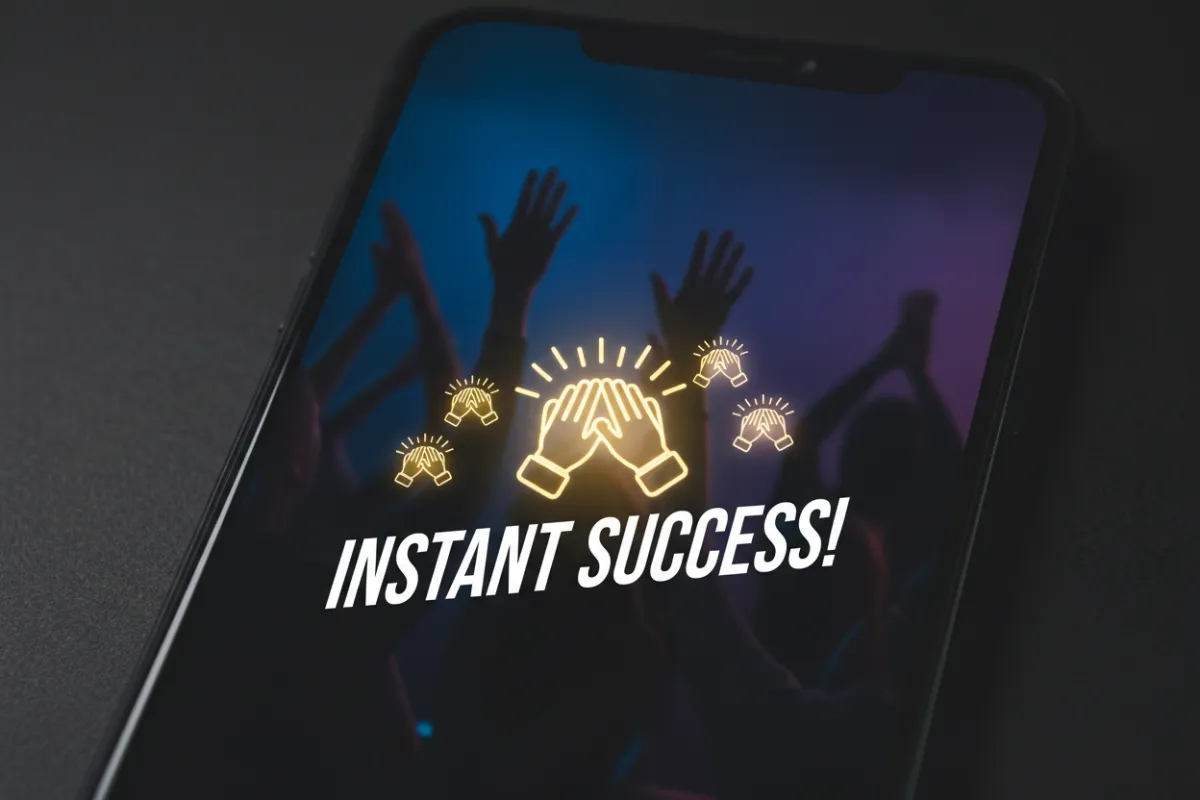 Video thumbnail style testimonial with applause emoji and a one-line quote about fast results.