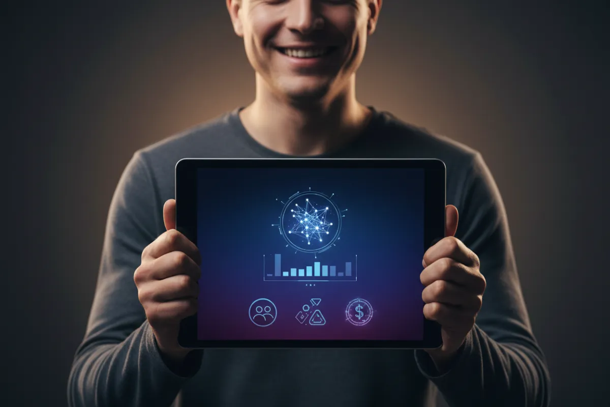 Creator holding a tablet showing their first paid product