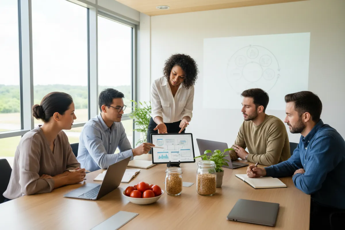 A group of diverse entrepreneurs collaborating in a bright workspace, discussing value chain integration with digital tools and agricultural samples on the table.