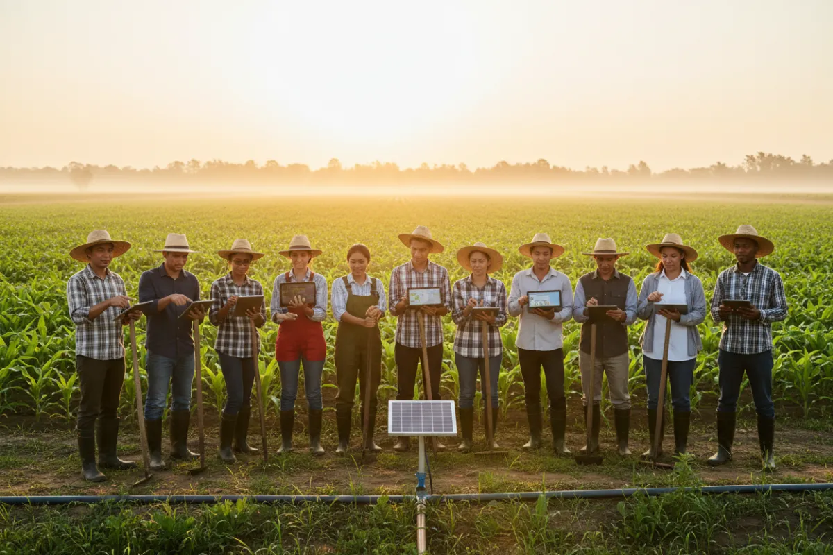 A diverse group of agri-entrepreneurs, including men and women of various ages, standing in a lush green field, holding farming tools and digital tablets, with a sunrise in the background, symbolizing hope and innovation. The composition is vibrant, 3:2 aspect ratio, documentary style.