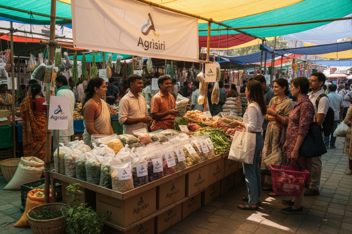 A group of farmers at a bustling market stall, selling branded produce to urban customers, with clear signage and packaging, representing market access.