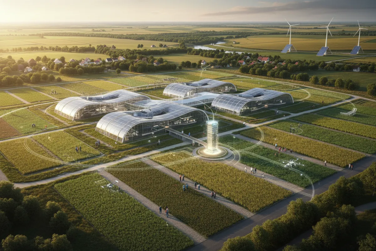 Aerial view of a modern agricultural innovation hub with solar-powered greenhouses, demonstration plots, and farmers collaborating, set in a rural landscape with visible digital infrastructure. 3:2 aspect ratio, contemporary style.