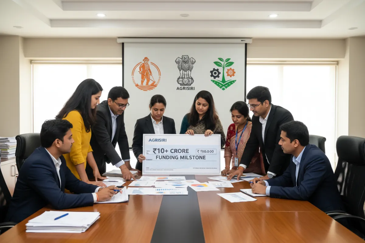 A documentary-style photo showing AGRISIRI team members, both men and women, reviewing funding documents and charts at a conference table, with visible government scheme logos and a large symbolic check representing the ₹10+ crore funding milestone.