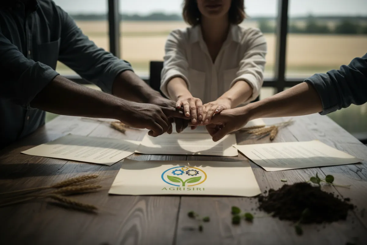 Hands from different backgrounds joining together over a table with partnership documents and AGRISIRI branding, symbolizing collaboration and shared growth in the agri-business sector.