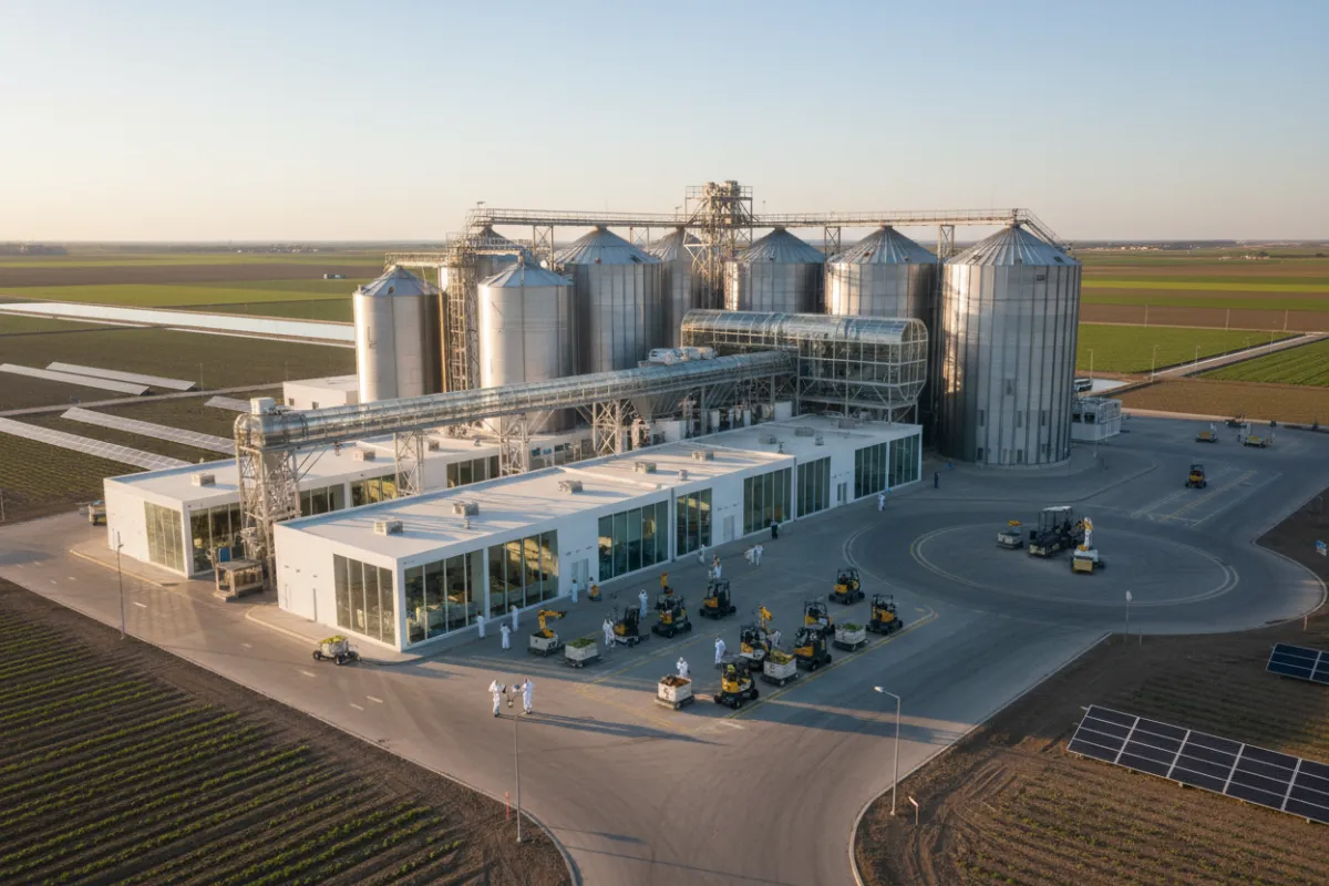 A wide-angle photo of modern agricultural processing and storage facilities, with workers operating advanced equipment, set against a clean, organized landscape, highlighting the infrastructure improvements achieved by AGRISIRI.