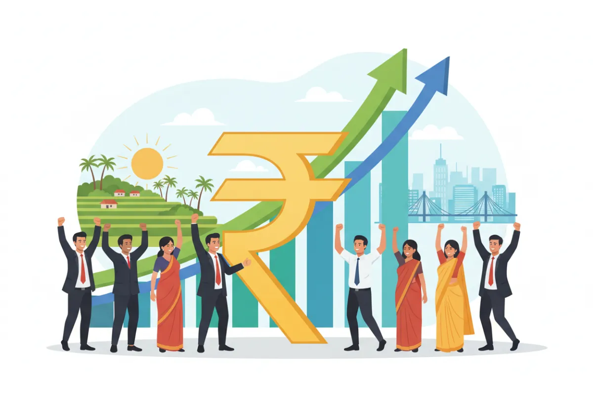A vibrant digital illustration showing a diverse group of professionals celebrating in front of a large, stylized rupee symbol and upward-trending financial charts, with a subtle backdrop of rural and urban landscapes, symbolizing AGRISIRI’s funding achievement and broad impact.