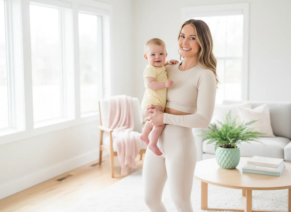 Crystal Pergola smiling in activewear holding her baby