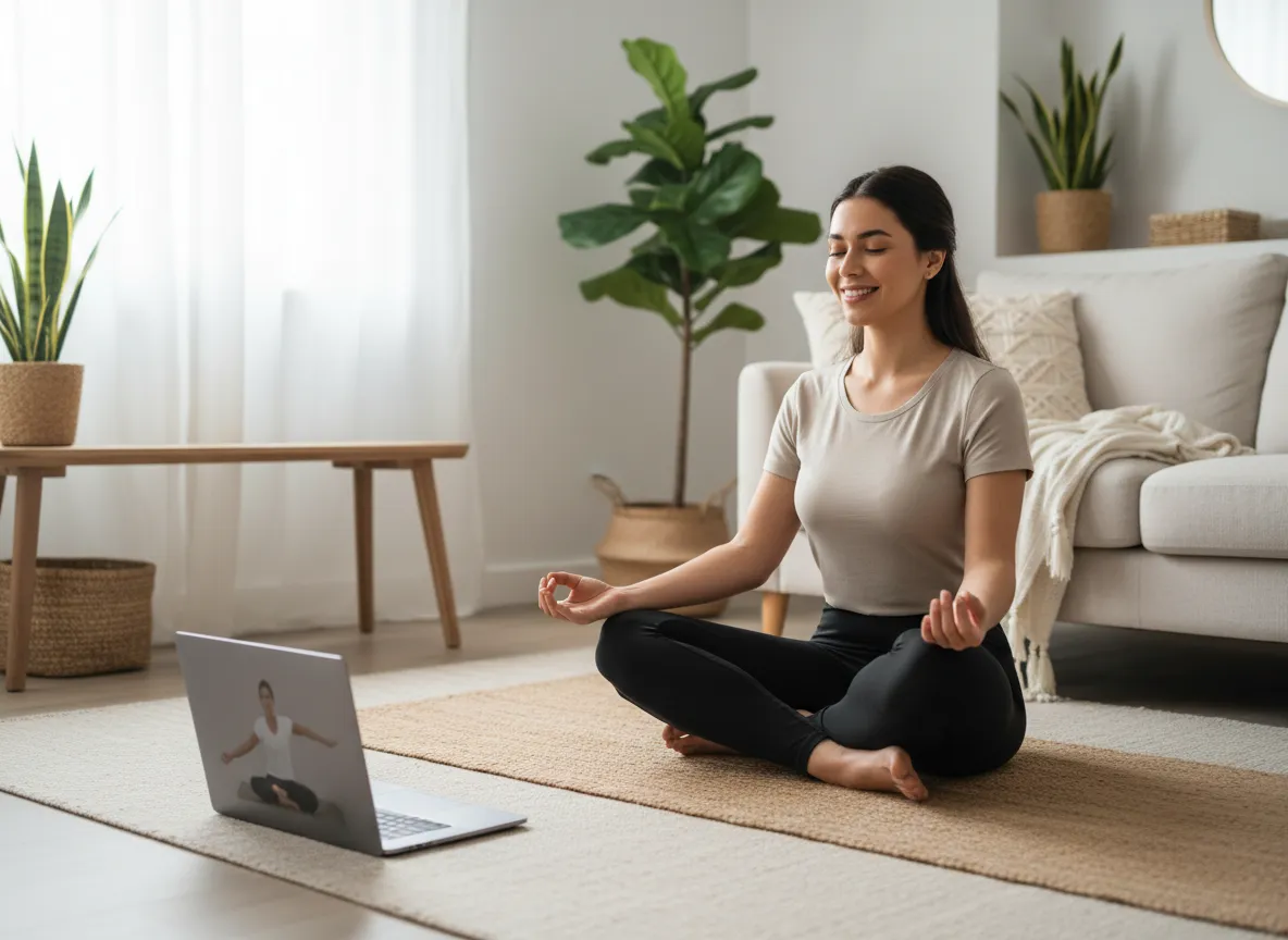 Person practicing yoga at home with a laptop and yoga mat