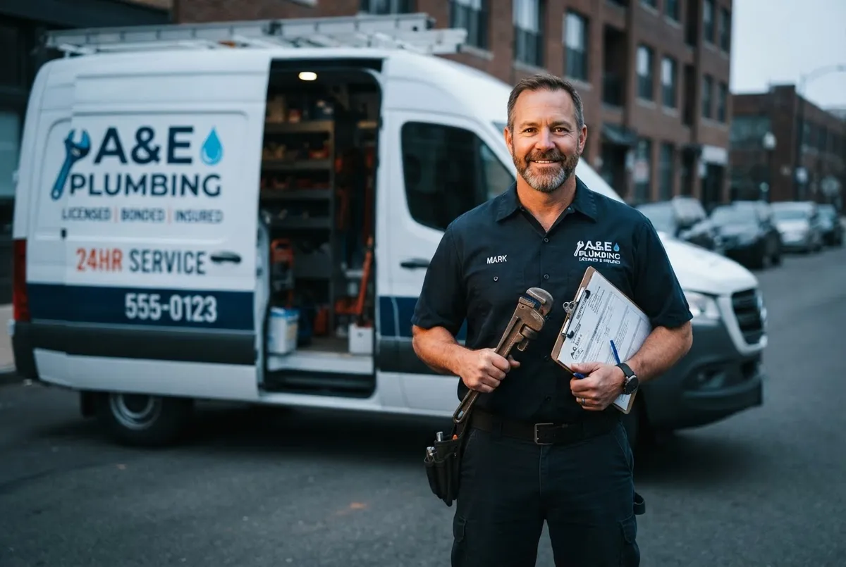 Home service technician updating a Google Business Profile listing and uploading job photos (local SEO context)