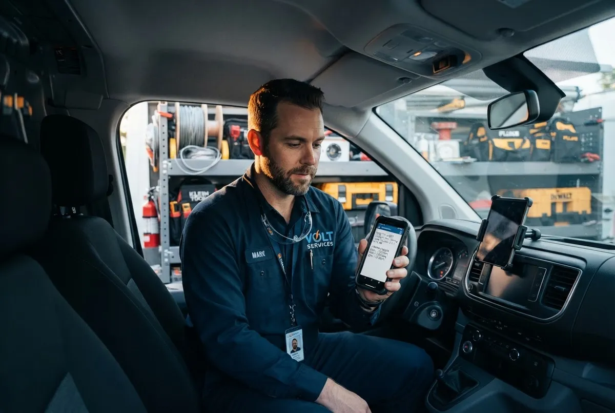 Electrician reviewing automated dispatch and missed call notification on smartphone in service van