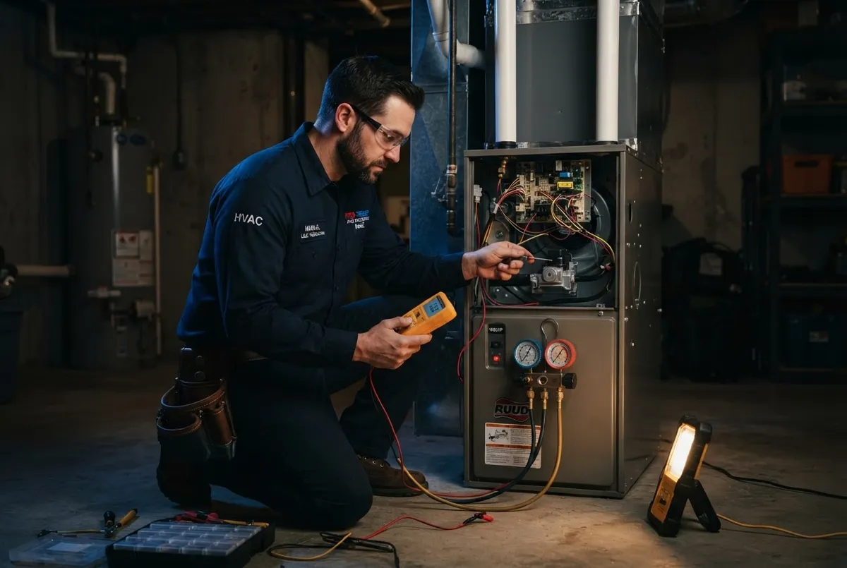 HVAC technician diagnosing equipment in a Queens residential basement with calibrated tools