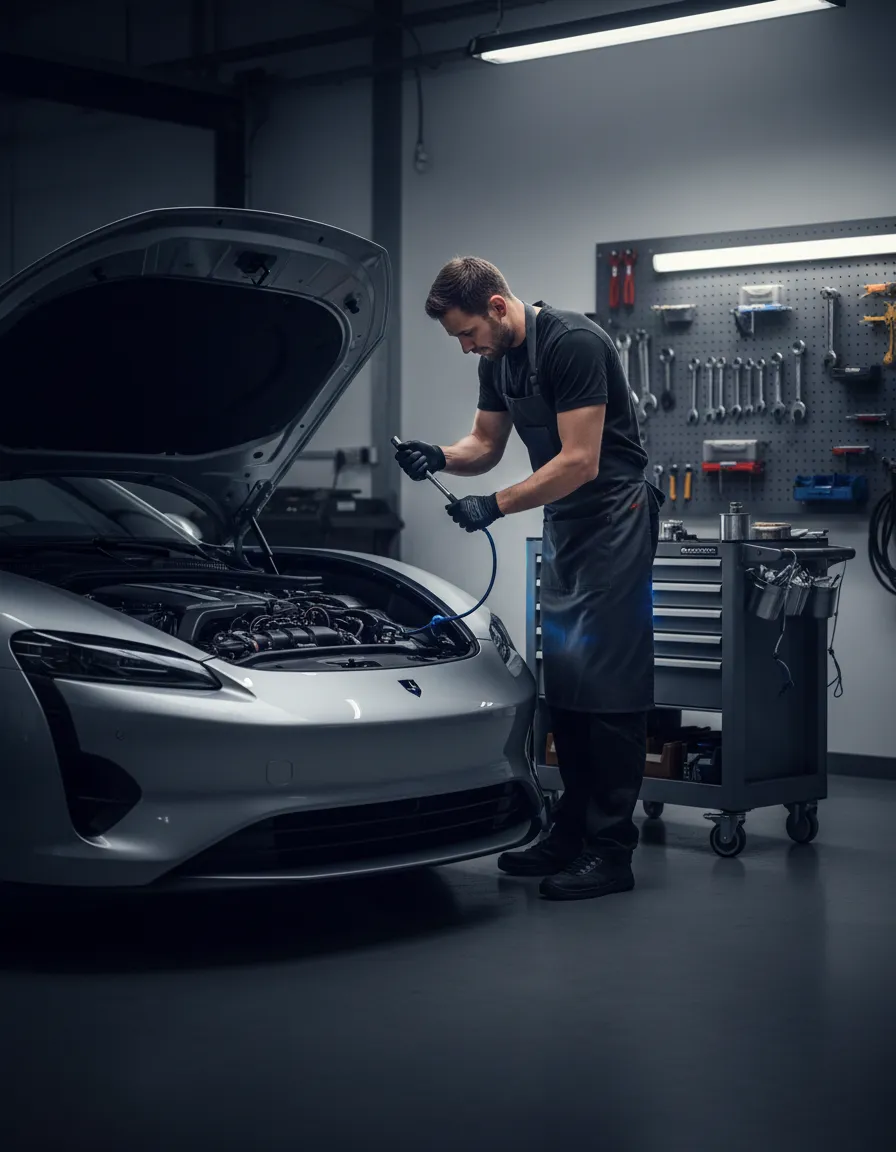 Technician working on a vehicle in an auto repair shop bay
