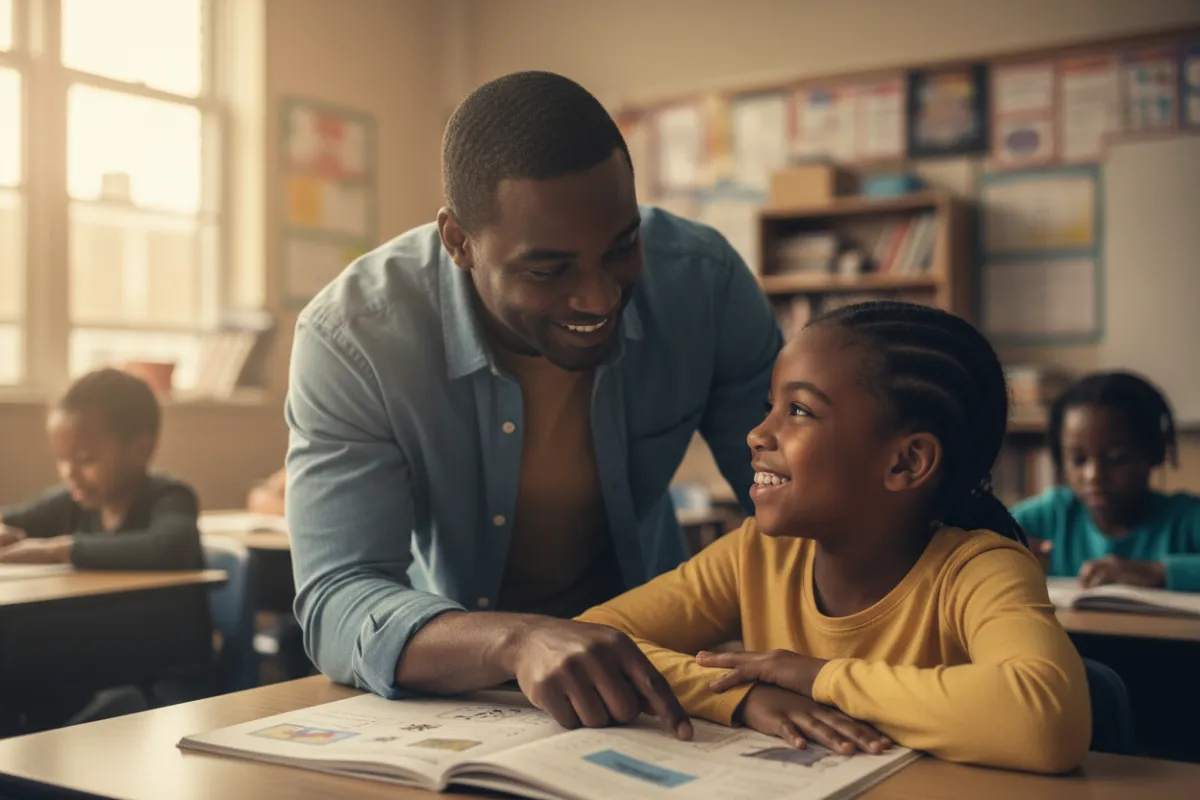 Black teacher and student in a classroom, personalized education