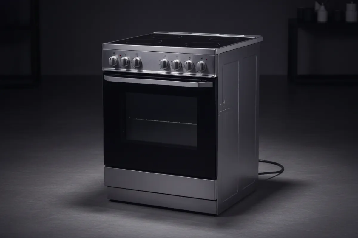 Freestanding stove with glass cooktop lit under studio lights, small cosmetic mark on side, clean backdrop and realist composition to show functionality and discount appeal.