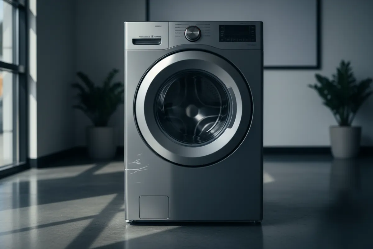Photorealistic front-load washer on showroom floor with soft natural lighting, slight scratch visible at lower corner, neutral background, sharp composition to emphasize discounted appliance condition.