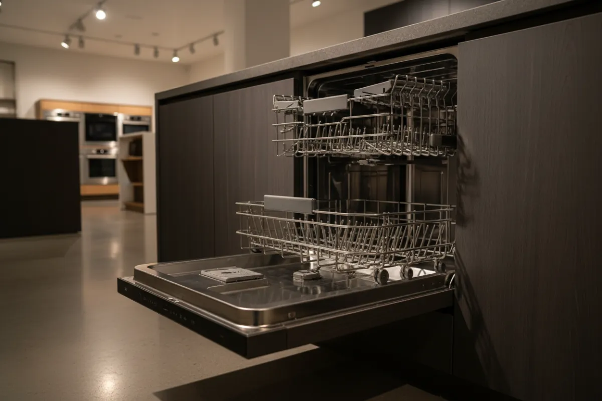 Built-in dishwasher half-open in bright showroom, clean interior racks visible, slight scuff on outer panel, photographic realism to communicate inspected and warrantied product.