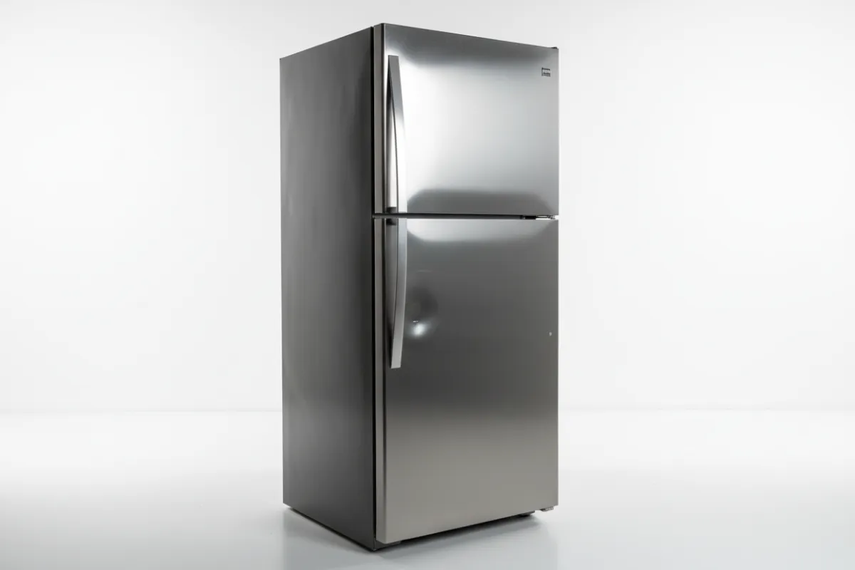Mid-sized stainless refrigerator angled three-quarters on white showroom floor, minor dent on door highlighted, crisp studio lighting, photorealistic style showing usable condition and value.