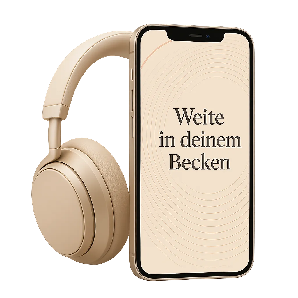 Smartphone displaying Weite in deinem Becken audio with modern headphones