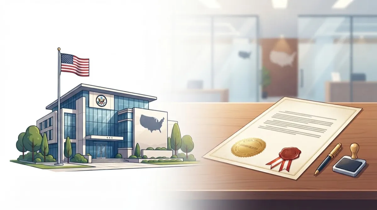 Illustration representing United States embassy legalization: U.S. embassy building with an official stamped document.