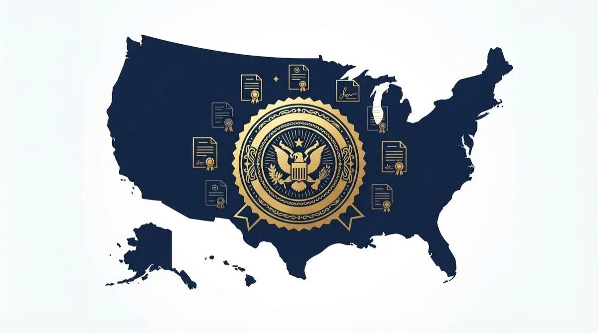 United States map with apostille stamp representing nationwide apostille & authentication services