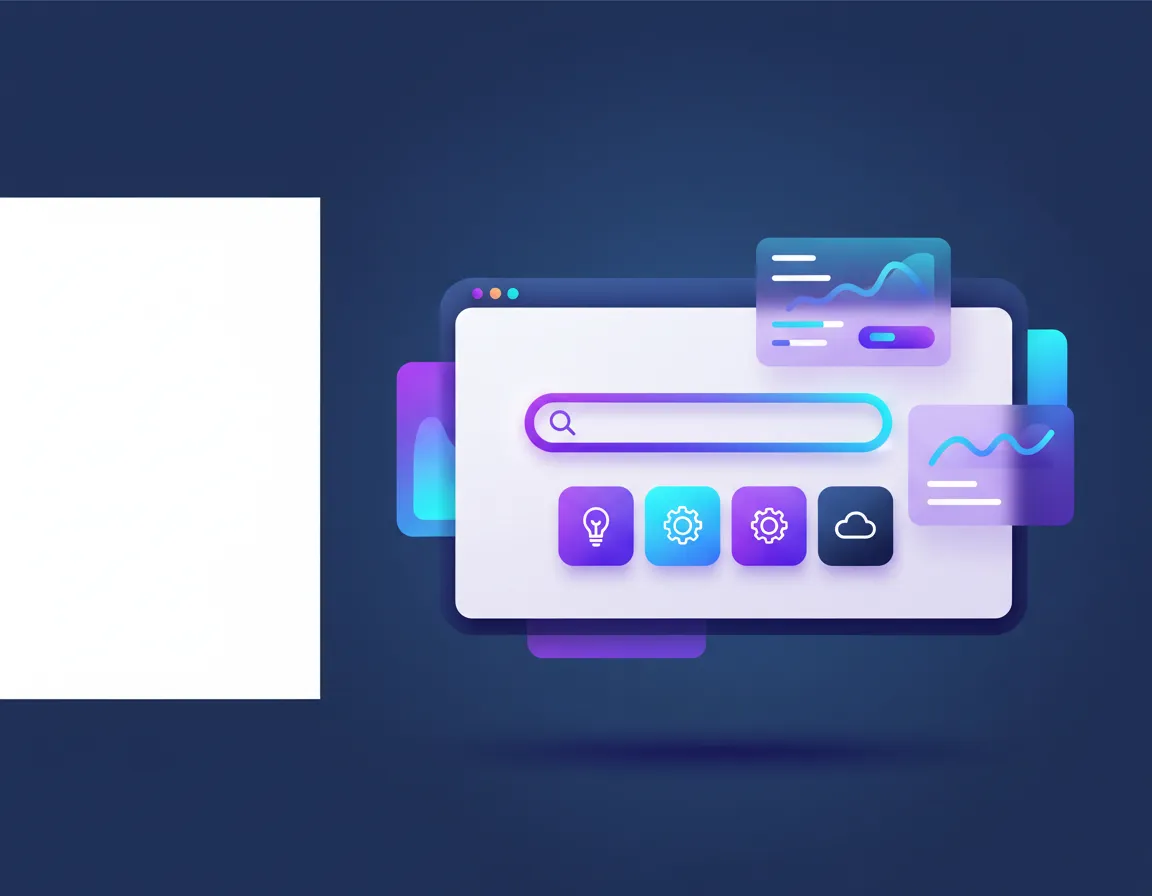 Stylized UI dashboard graphic showcasing search functionality and knowledge categories