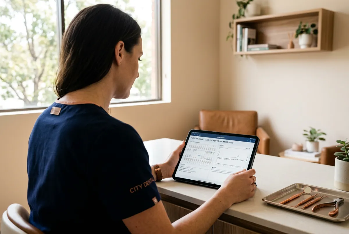 Dentist reviewing digital dental records and monitoring existing crowns and restorations
