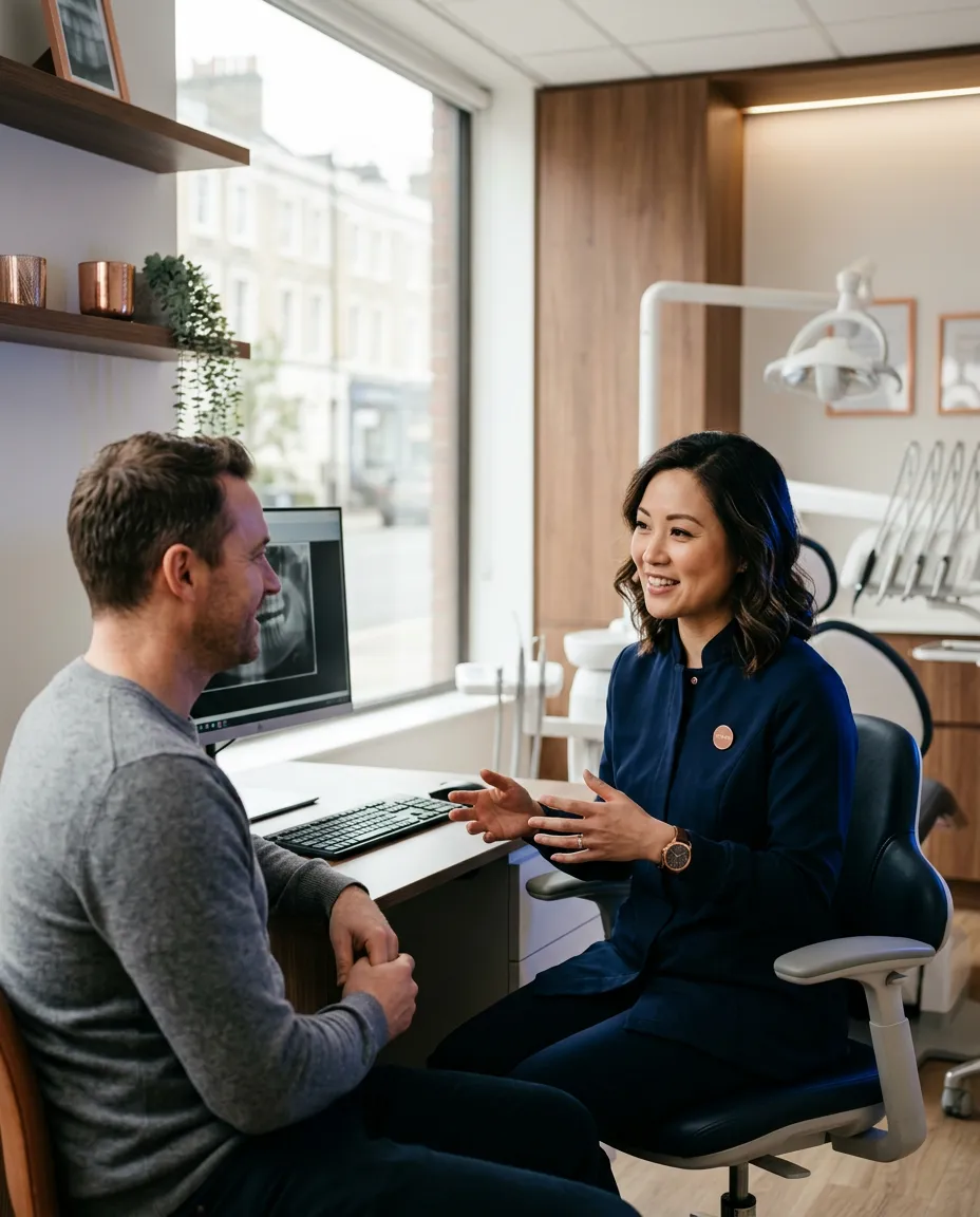 Dr. Allert having a calm, reassuring clinical consultation with a dental patient in Northwest Portland Dental