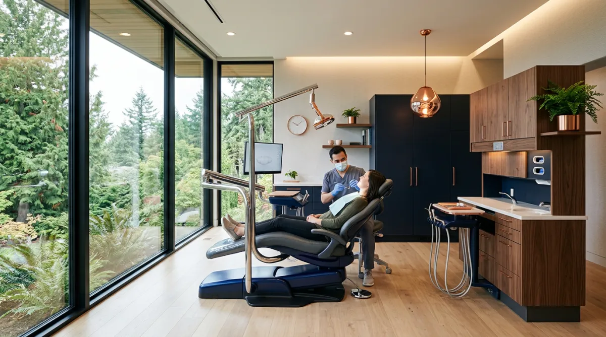 Cinematic modern dental operatory bathed in natural morning light overlooking Pacific Northwest greenery