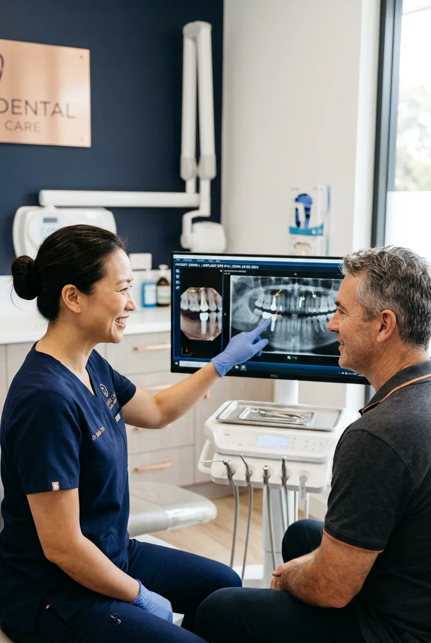 Dentist in Northwest Portland carefully reviewing high resolution digital diagnostic imaging with a patient