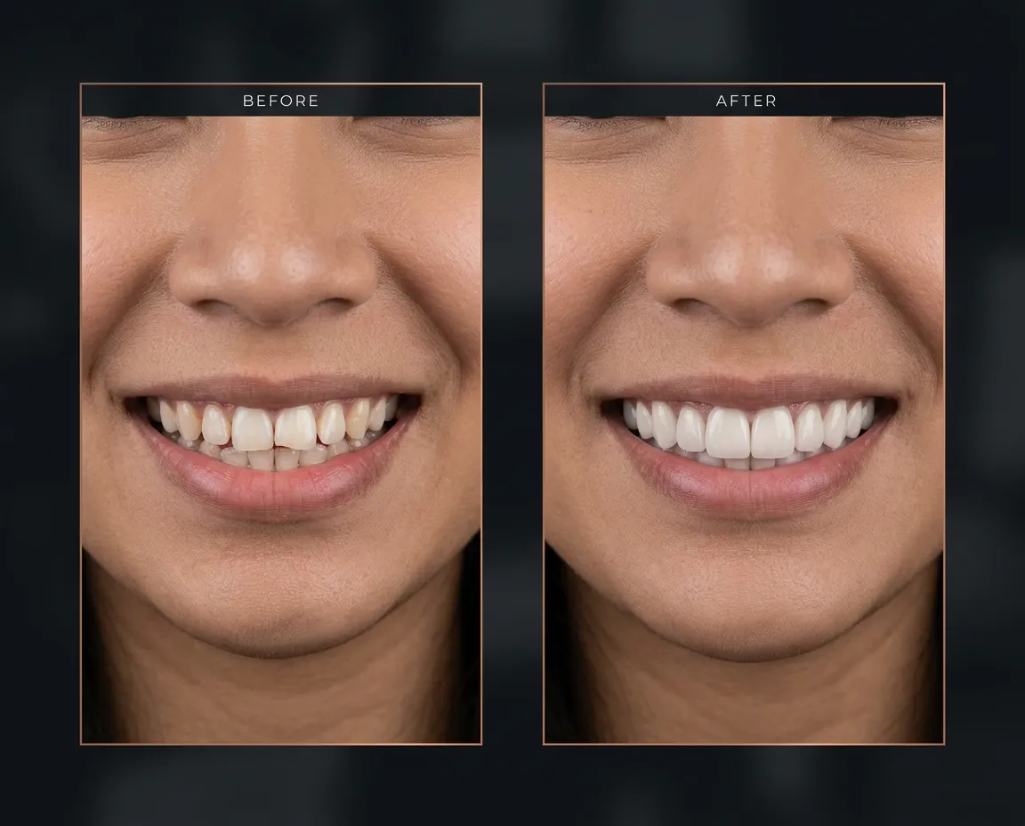 Editorial before and after digital smile design case study with 3D aesthetic simulation and final porcelain veneer transformation