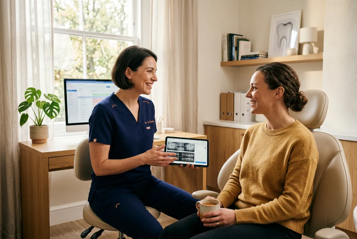 Dentist discussing oral health progression with patient in a bright consultation room
