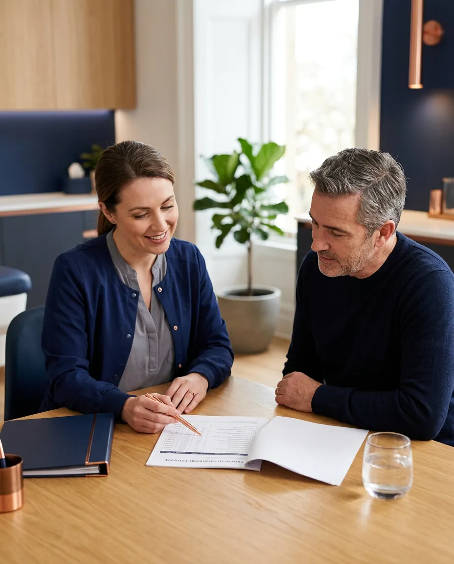 A Northwest Portland Dental treatment coordinator reviewing a comprehensive itemized estimate with a patient in a light-filled consultation suite