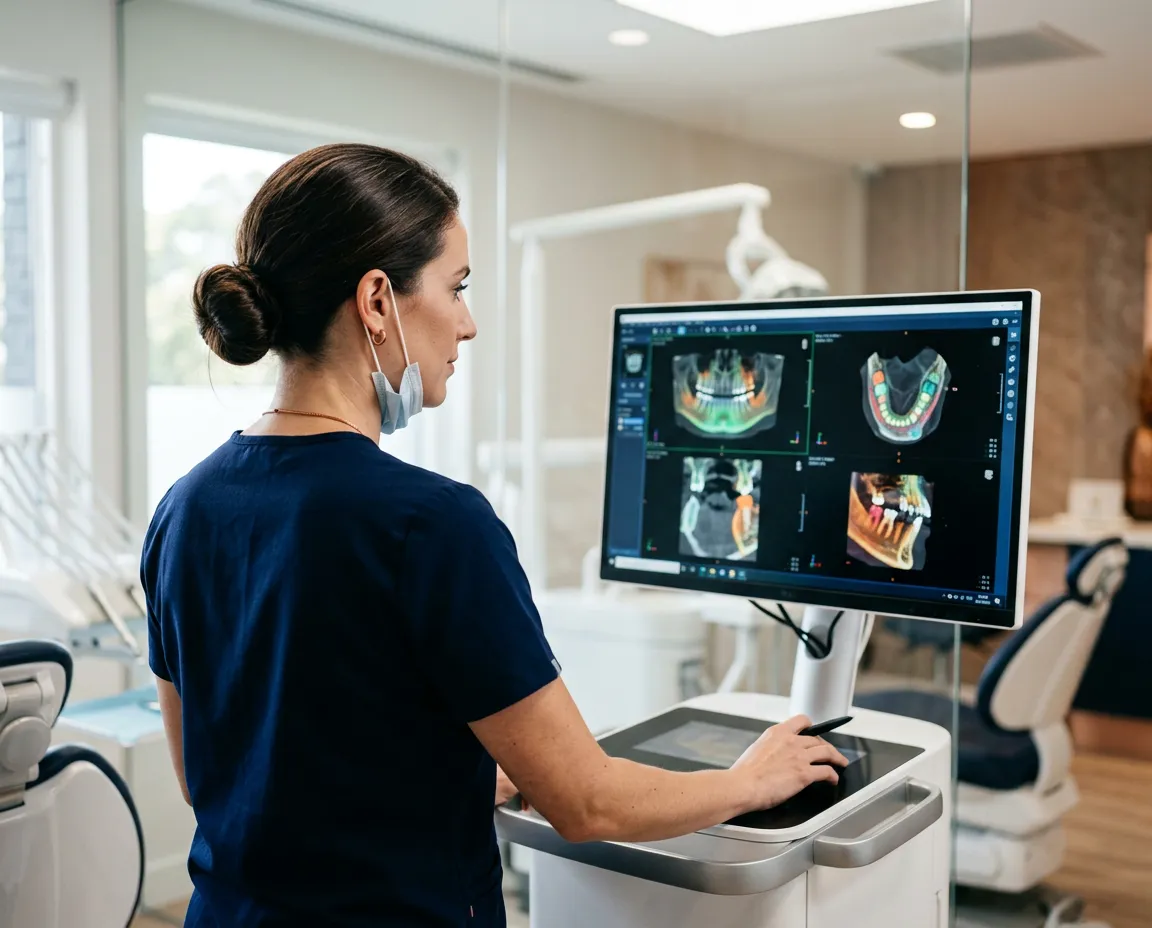 Doctor reviewing digital diagnostic imaging scans with clinical precision in a clean practice environment