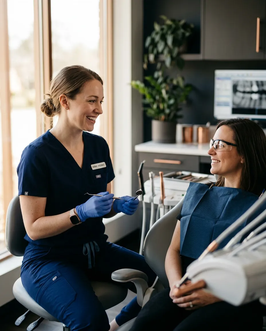 Clinician discussing preventive dental diagnostics in a calm, modern consultation room