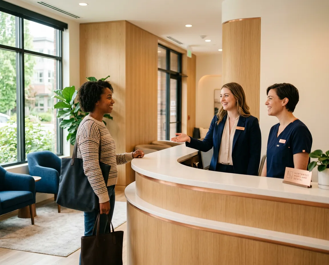 Northwest Portland Dental front desk team warmly welcoming a patient into the modern clinical lobby
