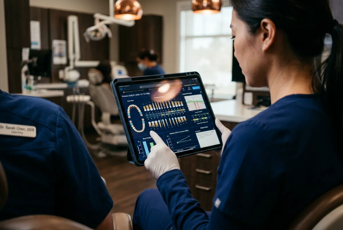 Dentist reviewing longitudinal digital patient baseline charting records