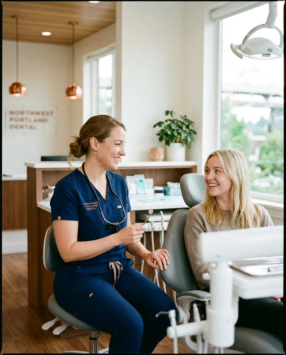 A warm, friendly dental care consultation between a Northwest Portland Dental clinician and a smiling patient in a bright modern clinic setting
