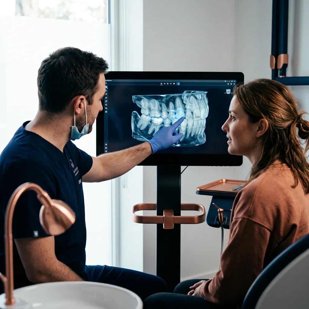 Clinician and patient reviewing transparent digital imaging on a high resolution screen in a calm atmosphere