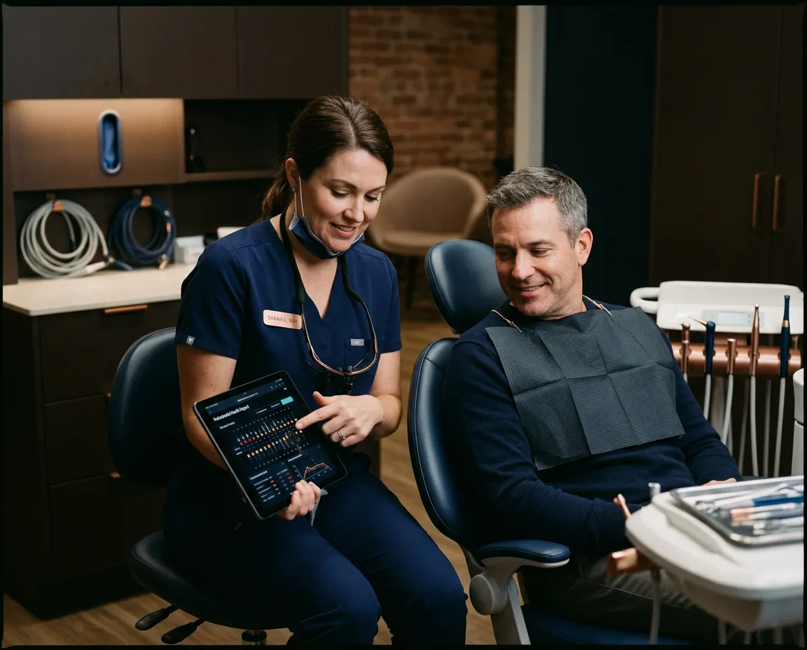 Clinical dental hygienist pointing out periodontal diagnostic chart findings on a tablet with a patient